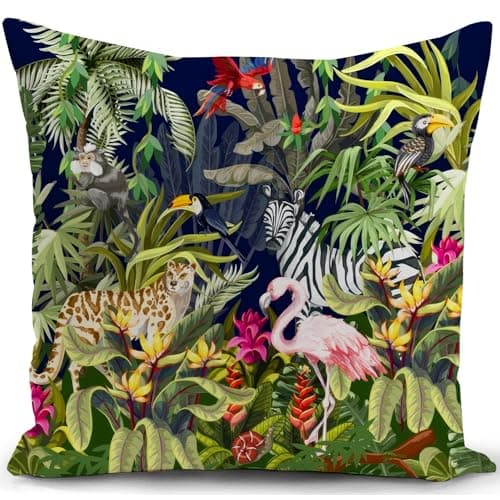Image of KUNQIAN Cushion Cover Outdoor Jungle Tropical Green Animals Throw Pillow Case Leopard Flamingo Zebra Decor Home Livingroom Couch Sofa Gift 18"x18"(45x45cm)