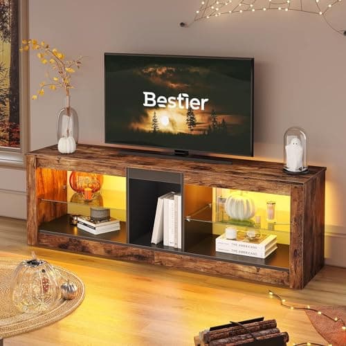 Image of Bestier TV Stand Cabinet 140CM Entertainment Center Led Tv Stand Modern TV Unit with Glass Shelf RGB LED Lighted for 55 inch TVs with Ambient Lights for Living Room Bedroom (Rustic Brown)