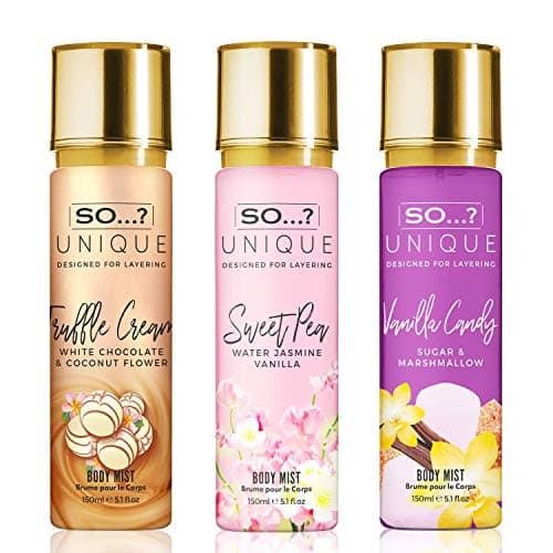 Image of So…? Unique Womens Candy Kiss Bundle Truffle Cream, Sweet Pea, Vanilla Candy Body Mist Spray Mixed Fragrance Bundle 150ml (Pack of 3)