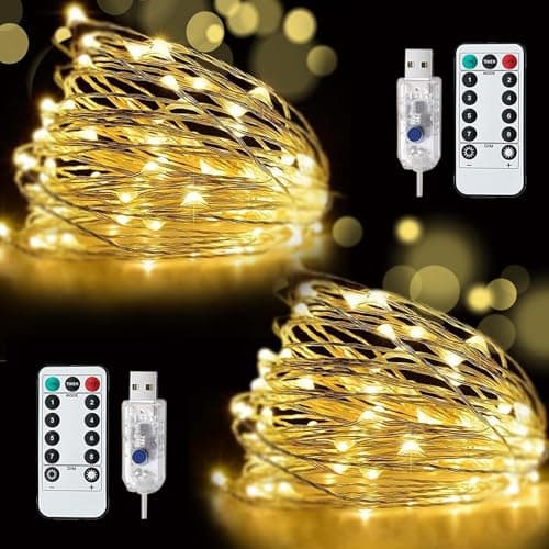 Image of [2 Pack] 12M/40Ft USB Fairy Lights, 120LED Plug in Fairy Lights Waterproof,8 Modes Copper Wire String Lights with Remote Control for Indoor/Outdoor Bedroom Party Wedding Christmas Decor(Warm White)