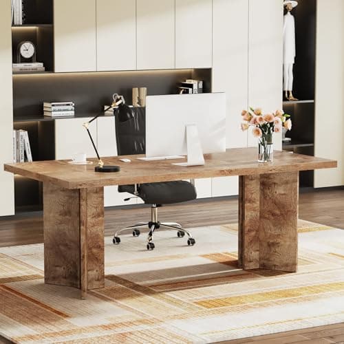 Image of Tribesigns 63-inch Executive Desk, Vintage Home Office Computer Desk with Large Tabletop, Farmhouse Wood Writing Conference Table Workstation for Office, Study, Light Oak Brown