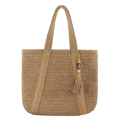 Image of DEIUOGE Straw Bag For Women, Large Weave Bag with Zipper Straw Beach Bags Tote Bag Summer Raffia Bags Handbags Bohemian Shoulder Bags