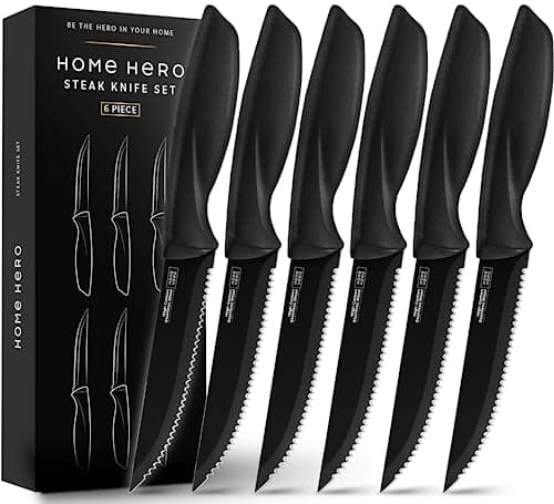 Image of Home Hero Steak Knives, Sharp Knives Set, High-Carbon Stainless Steel Steak Knife Set, Ergonomic Handles Serrated Steak Knives (6 Pcs - Black)