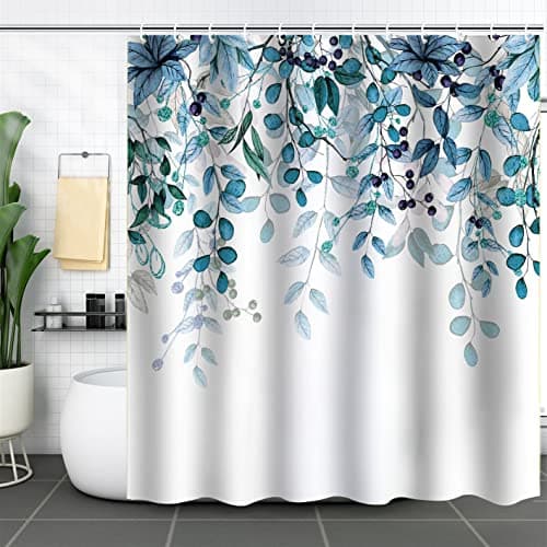 Image of WELTRXE Shower Curtain, Bathroom Curtain with 12 Hooks, Waterproof Polyester Fabric Bathtub Curtain, Weighted Hem, Washable, Quick Dry, Mildew & Mold Resistant, Bathroom Decor, 183x183cm, Blue Leaves