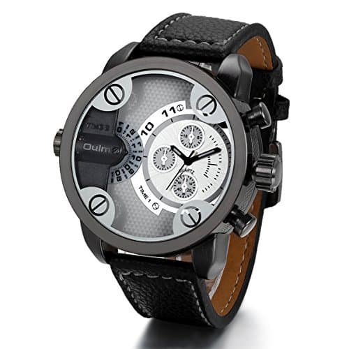 Image of JewelryWe Men's Two Time Zone Business Quartz Wrist Watch Black Leather Strap Wristwatch