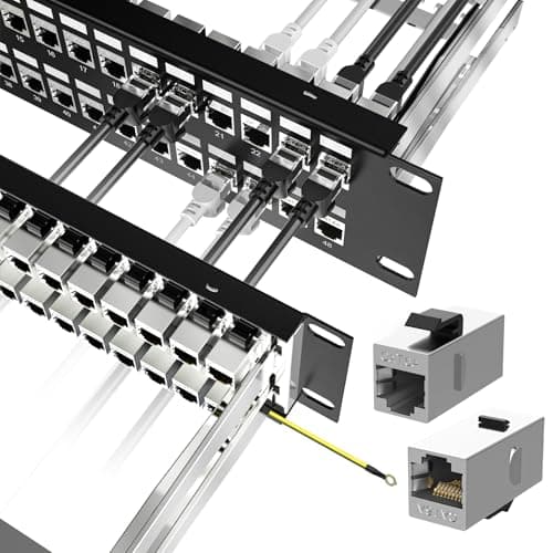 Image of Jadaol [UL Listed] 48-Port Shielded Cat6A Patch Panel, 19” 2U Rackmount/Wall Mount Feed-Through RJ45 Panel with 48 Preloaded Shielded Keystone Couplers + 2 Spare, Up to 10Gbps, Cable Management Bar