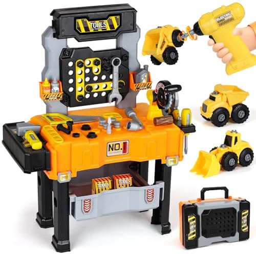 Image of Lehoo Castle Kids Tool Bench, Kids Tool Set with Realistic Electric Drill & Take Apart Construction Vehicles, Workbench & Tool Box in One Design, STEM Learning Toys for 2-3 Years Toddler Boys & Girls