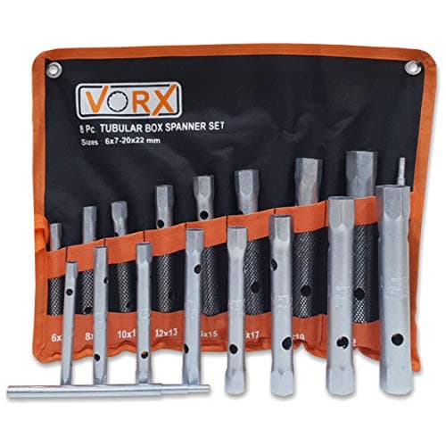 Image of VORX Boltwork Box Tubular Spanner Set 8pc with 1 Two Step Tommy Bar Double Ended Metric 6x7mm to 20x22mm, Zinc Plated, Supplied in Heavy Storage Wallet, Heavy Duty Box Spanners