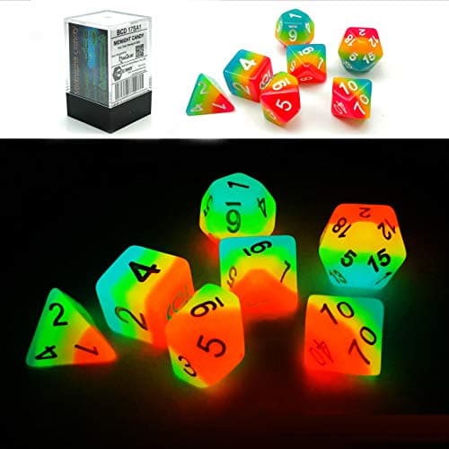 Image of Bescon Fantasy Rainbow Glowing Polyhedral Dice 7pcs Set MIDNIGHT CANDY, Luminous RPG Dice Set Glow in Dark, Novelty DND Game Dice d4 d6 d8 d10 d12 d20 d% in Brick Box