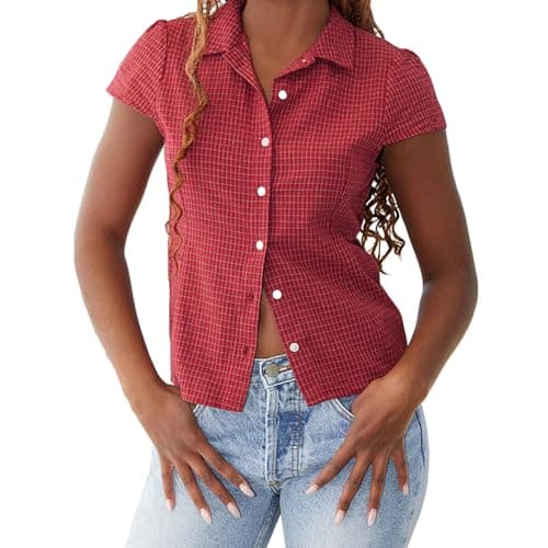 Image of YILEEGOO Women's Basic Button Down Shirts Cap Sleeve Lapel Collar Tight Blouse Tie Up Back Slim Fit Tops Summer Office Shirt (Z17-Red, M)