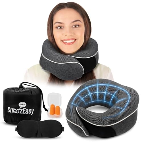 Image of SnoozEasy™ Travel Pillow for Adults | Memory Foam 360 Degree Neck Support with Removable Pillow Case | Includes Travel Bag, Eye Mask and Ear Plugs | Dark Grey | UK Brand