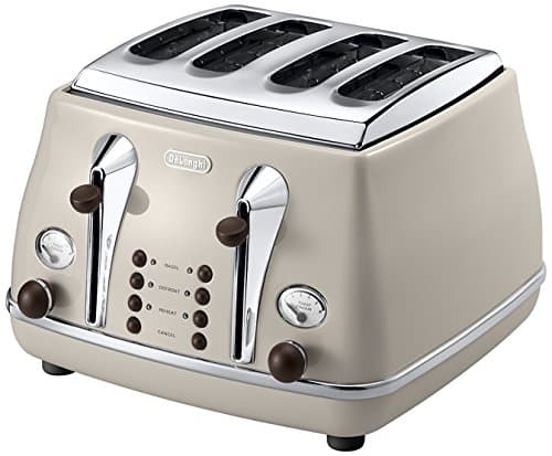 Image of De'Longhi Icona Vintage toaster with 4 sockets, heating, defrosting, single-sided bagel and 6 browning settings, CTOV4003BG, beige