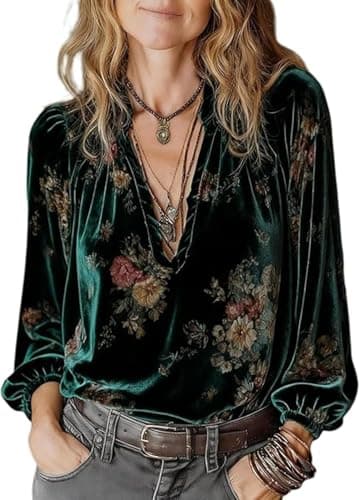 Image of Fronage Velvet Blouses for Women Bohemian Floral Print Western Blouses Vintage Pleated Deep V Neck Long Sleeve Shirts Green