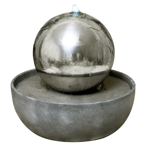 Image of Primrose 30cm Eclipse Polished Stainless Steel Sphere Water Feature with Grey Freestanding Reservoir & LED Lights