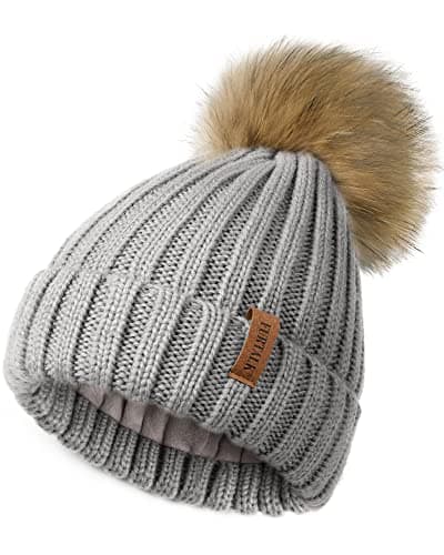 Image of FURTALK Winter Hats for Women Double Layer Fleece Line Beanie Hat with Bobble Pom Pom Hats Grey