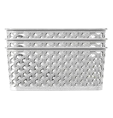 Image of Curver My Style Rattan Effect Set of 3 Kitchen, Living room, Bathroom, Bedroom, Utility Medium Rectangular Storage Baskets 13 Litres - Grey