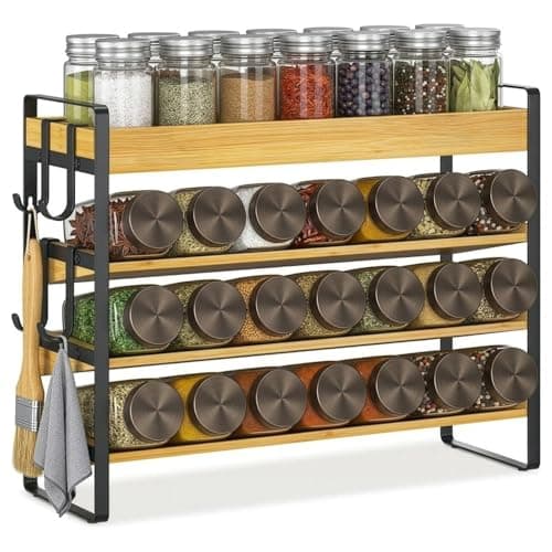 Image of GreenWhim Spice Rack Organiser with Hooks，4 Tier Bamboo Countertop Seasoning Rack Spice Holder Free Standing without Jars Metal Storage Shelf for Kitchen, Cupboard, Pantry, Cabinet