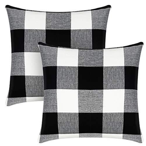 Image of Syntus 2 Pack 18 x 18 inch Buffalo Check Throw Pillow Covers Cotton Linen Plaid Square Pillow Cushion Case for Farmhouse Home Décor Car Bed Sofa, Black and White