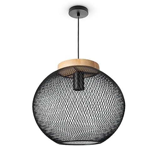 Image of Paco Home Pendant Light Dining Room Light Wicker Light Metal Living Room Kitchen Wood LED Industrial Vintage E27, Lamp Type:Pendant Lamp - Type 1, Colour:Black-Wood (Ø35 cm)