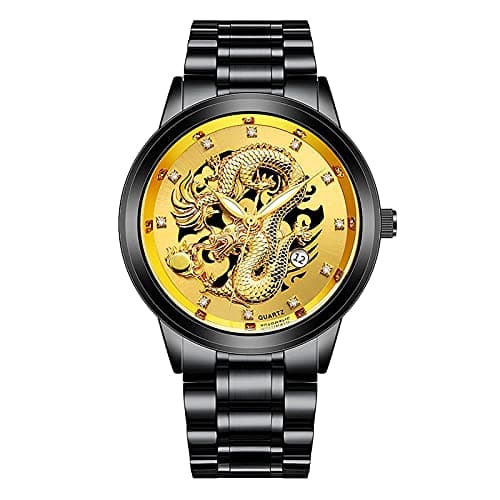 Image of Hdanyiyi Dragon Pattern Men's Luxury Quartz Business Casual Watch - Stainless Steel, Domineering Fashion, Classic Shiny Gold Silver