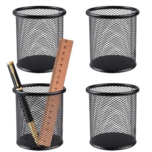 Image of 4 Pieces Pen Holders, 9 x 9 x 9.7 cm Round Metal Mesh Pen Pots, Durable Stationary Organiser, Portable Multifunctional Pencil Pot, Desk Tidy Organiser for Desk, Office, Learning, School, Home (Black)