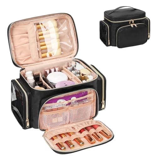 Image of Makeup Bag Large Travel Make up Bag Organiser for Women PU Leather Toiletry Bag Portable Makeup Case with Brushes Compartments, Black