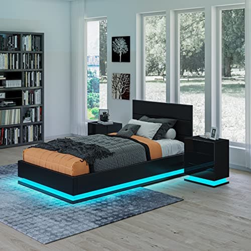 Image of Ottoman Lift Storage Bed with LED Light, 3FT Singe Size Bed Frame, Faux Leather Upholstered Bed Frame with Gas Lift Up Storage, for Bedroom Furniture, Black