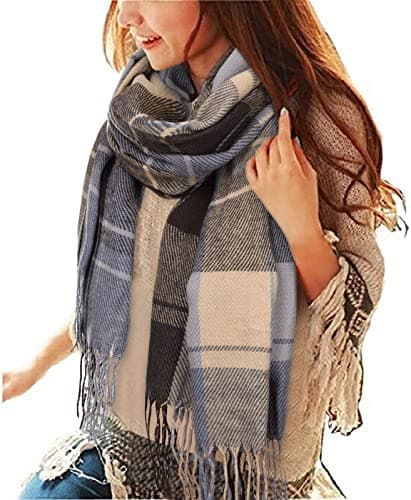 Image of heekpek Winter Long Soft Warm Tartan Check Scarves Wraps for women Wool Spinning Tassel Shawl Long Stole, Grey Blue, One Size