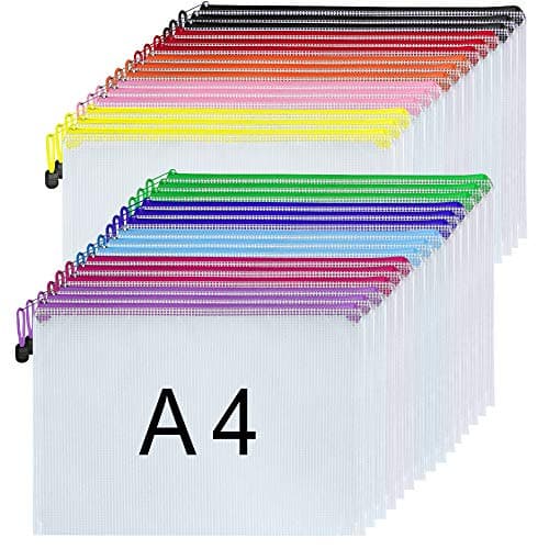 Image of Plastic Wallets - 30PCS A4 Zip Wallets Zip Lock Bags Waterproof Plastic Folders Ziplock Bags Mesh Zipper Pouch Bags for School Office Home and Travel Storage - 10 Colours