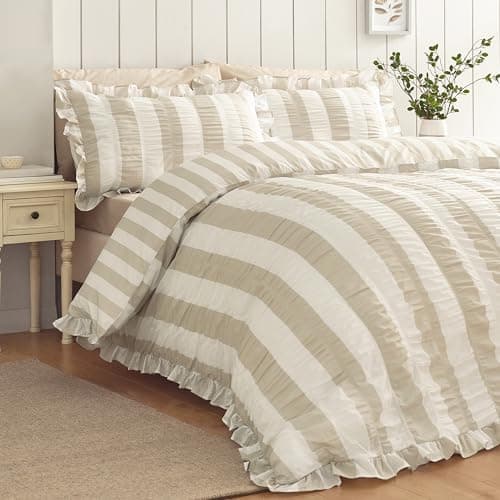 Image of Catherine Lansfield Seersucker Frill Stripe Single Duvet Cover Set with Pillowcase Natural