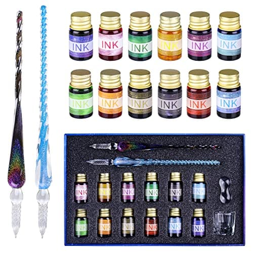 Image of OFUN Glass Dip Pen Set, Crystal Ink Pen Set with 2 Glass Pens, 12 Colorful Inks, Pen Holder and Cleansing Cup, Dip Pens for Art, Writing, Drawing, Signatures, Gift for Kids and Artist