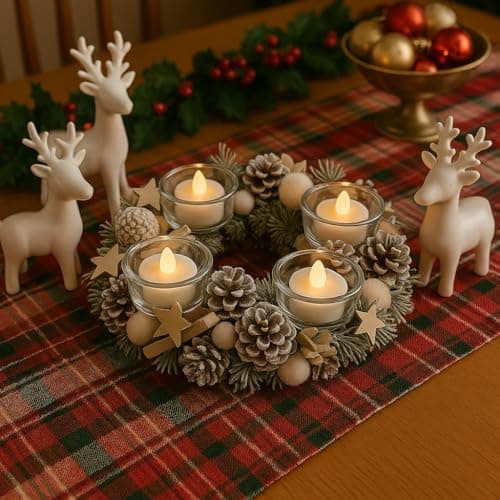 Image of Frosted Festive Candleholder Centrepiece with 4 LED Candles - White Round Frosted Christmas Xmas Tealight Holder Table Decoration with Twig Base, Pinecones, Faux Spruce, Stars & Baubles - H9 x 30cm