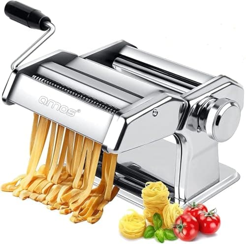 Image of AMOS ® 3 in 1 Heavy Duty Stainless Steel Professional Fresh Pasta Lasagne Spaghetti Tagliatelle Maker Machine Cutter with 3 Cut Press Blade Settings with Table Top Clamp Kitchen Set (Silver)