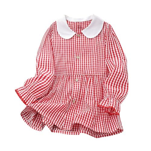Image of Girls Cotton Dress Peter Pan Collar Gingham Dress Button Front Ruffle Cuff Long Sleeve Dresses Soft Cotton Breathable Shirt Dresses for Kids School Days Daily Wear Red 6 Years