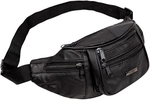 Image of Woodland Leather Genuine Leather Bum Bag, Waterproof Belt Bag and Bumbags for Women and Men Waist Bag as Travel Holiday Money Belt, Dog Walking Fashion Bum Bag and Running Fanny Pack, Black 3