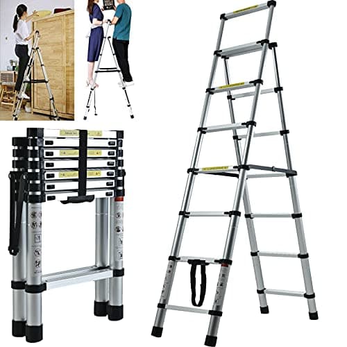 Image of Telescopic Step Ladder 7 Tread Slip Resistant Aluminium Safety Tall Stepladder 150 kg Capacity Portable Foldable Ladder EN131 Approved