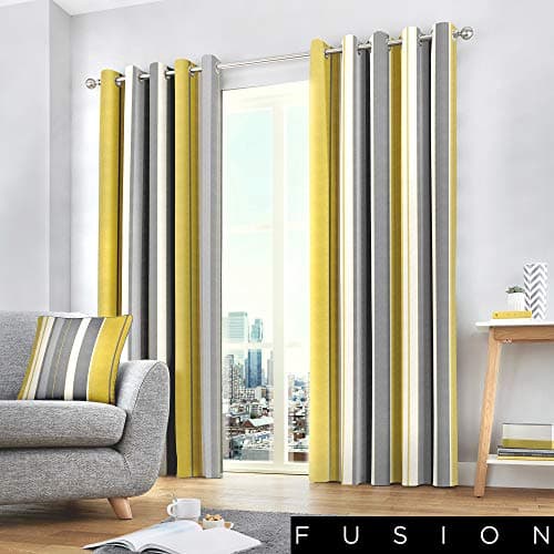 Image of Fusion Whitworth Stripe Eyelet Lined Curtains, Ochre, 66 x 54 Inch