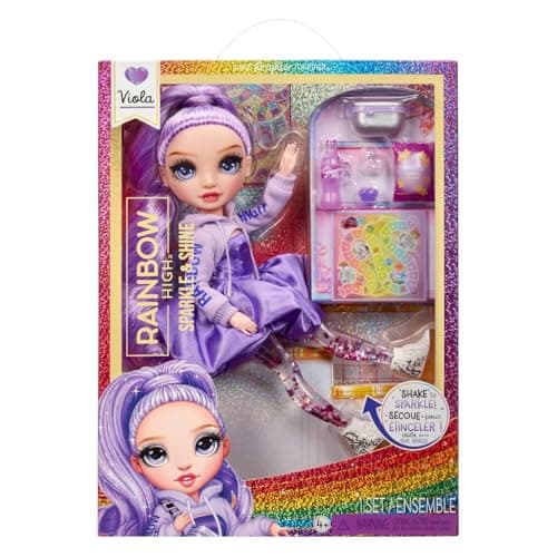Image of Rainbow High Sparkle and Shine - Viola (Purple) - 28 cm Fashion Doll with Liquid Sparkles in Her Legs, Shake to See Them Sparkle, for Kids 4-12 Years Old
