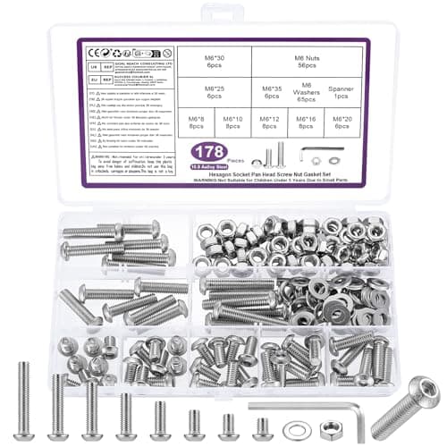Image of 178 Pcs M6 Bolts and Nuts Set, M6 Nuts and Bolts Set, Round Head Hexagon Socket Screws and Washers, Silvery Hex Socket Button Head Cap Machine Screws Kit