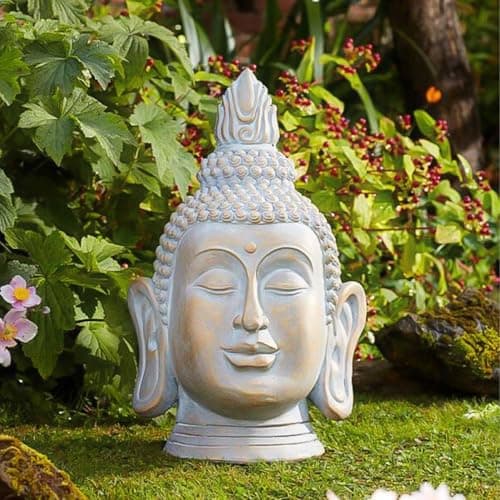 Image of Garden Mile Garden Buddha Statue Outdoor Ornaments, Distressed Gold Effect Meditating Buddha Sculpture Waterproof Resin Zen Ornament, Indoor Outdoor (Large Buddha Head Statue)