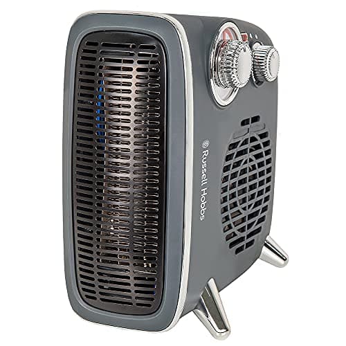Image of Russell Hobbs 1800W/1.8KW Electric Heater, Retro Horizontal/Vertical Fan Heater in Grey with Adjustable Thermostat, 2 Heat Settings, 20m² Room Size, Dial Control, RHRETHFH1001G with 2 Year Guarantee
