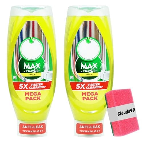 Image of FAIRY's Max Lemon Power Washing Up Liquid 2 x 730ml – 5X Faster Cleaning, Anti-Leak Formula with Sponge