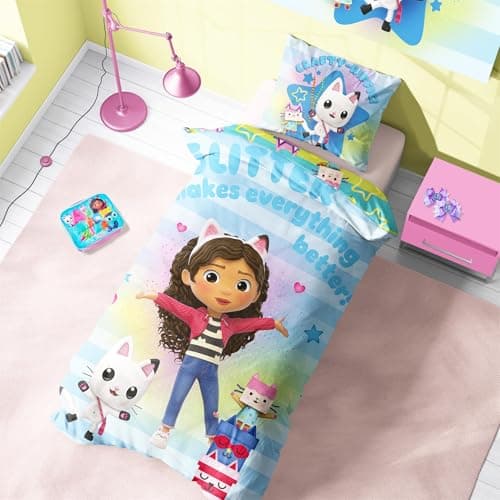 Image of Halantex Gabby's Dollhouse Single Duvet Cover & Pillowcase Set -Soft & Breathable Polycotton Kids Bedding - Reversible Design Featuring Gabby, Pandy Paws & Baby Box-Fun & Colorful Girls' Bedroom Decor