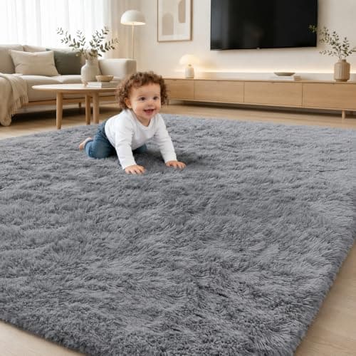 Image of smiry Fluffy High Pile Rugs Living Room, Anti Slip Shaggy Soft Carpet, Machine Washable Modern Large Thick Area Rugs for Bedside, Kids Bedroom - Grey, 120 x 160 cm