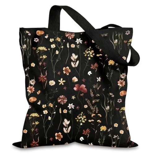 Image of Pralen Vintage Floral Tote Bag for Women, Black Canvas Bag with Wildflower Pattern, Cotton Shopping Bag with Long Handles, Elegant Canvas Tote for Work and Daily Use, 40x43cm
