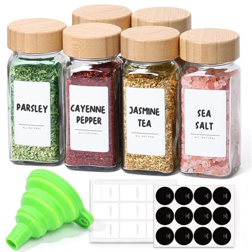 Image of ComSaf 6Pcs 120ml Glass Spice Jars with Bamboo Lids and Labels, Seasoning Jars Trial Set & Supplement Set, Empty Spice Containers and Square Spice Bottles for Kitchen and Seasoning