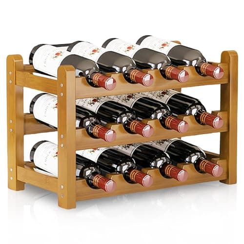 Image of DYUEE Wooden Wine Rack 12 Bottles Wine Storage Holder 3 Tier Free Standing Retro Wine Display Shelf Wine Bottle Organiser Water Bottle Holder for Cabine Cupboard Countertop Kitchen Bar Cellar