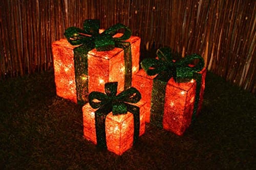 Image of Kingfisher Set of 3 LED Battery Powered Light Up Glitter Sparkle Boxes (Red w/Green Bow)