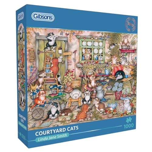 Image of Gibsons Courtyard Cats 1000 Piece Jigsaw Puzzle for Adults – Whimsical Feline Artwork by Linda Jane Smith – Fun Animal Cartoon Scene – Premium Sustainable Puzzle Made in the UK/EU