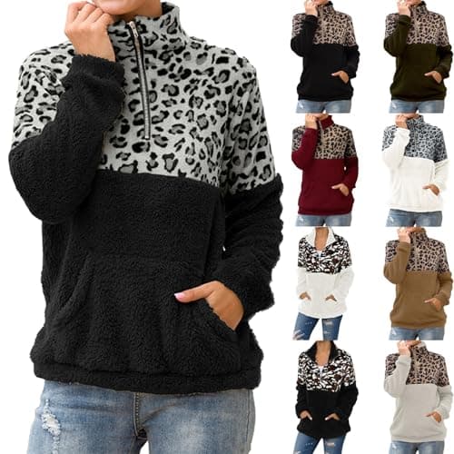 Image of Women'S Fleece Pullover Sweatshirt Quarter Zip Ladies Sweatshirts Without Hood Plus Size Fashion Cosy Warm Leopard Print Crop Top With Pockets Splicing Pullover Sweaters Classic-Fit Cute Sweaters